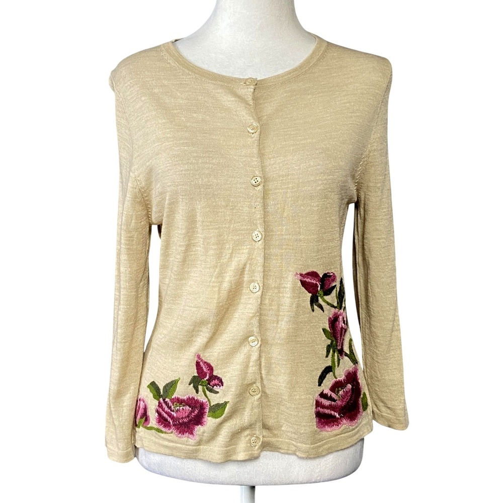Garnet Hill Cardigan Sweater Womens S Beige 100% Merino Wool Floral Embroidered